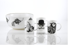 ceramic transfers applied to a fine bone china bowl and set of mugs